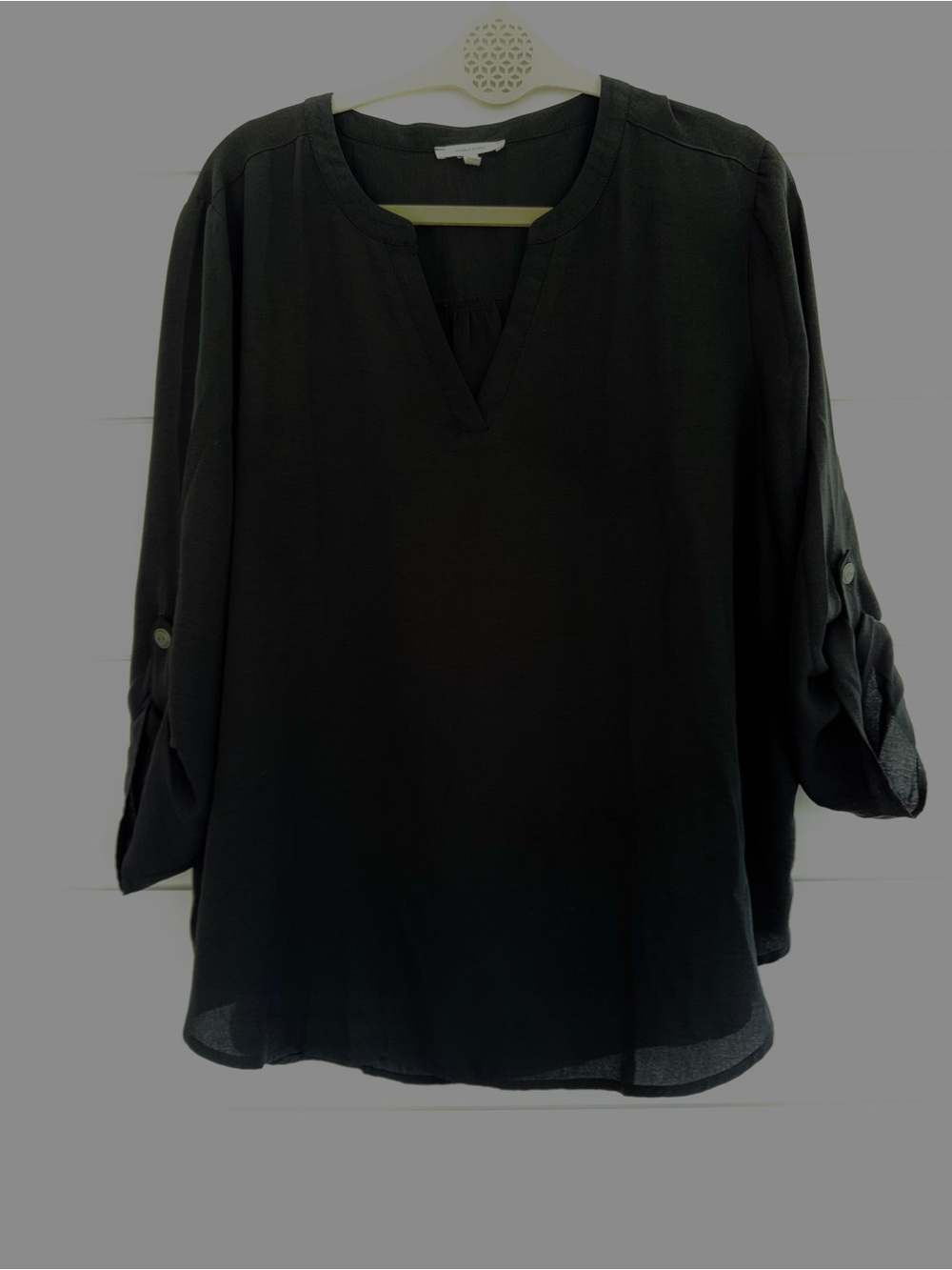 Maurices Womens XL Black Blouse Roll Tab 3/4 Sleeve V Neck Business Casual Top